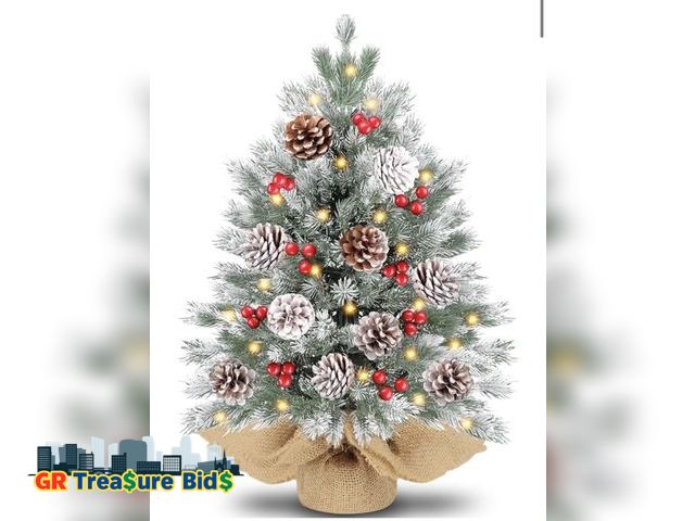 Lot 111-40210 - 24 Inch Realistic-Feel Flocked Prelit Christmas Tree with 50 Warm Lights Timer 8 Mode Battery Operat...