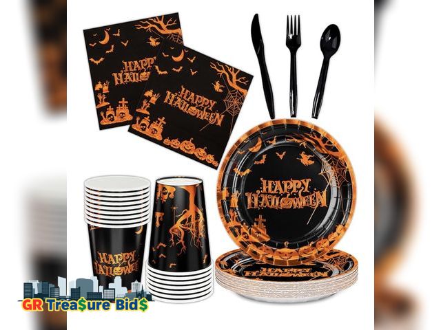 Lot 111-85829 - DYLIVeS Halloween Party Supplies, Orange Gold Foil Halloween Pumpkin Cemetery Bats Dinnerware, Inclu...
