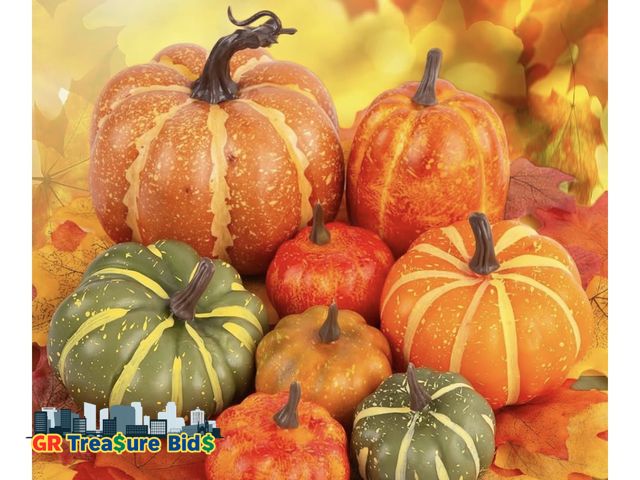 Lot 111-85360 - New DomeStar 38pcs Fall Pumpkins Decor Set, Fake Pumpkins 8pcs Assorted Pumpkins with 30pcs Artifici...