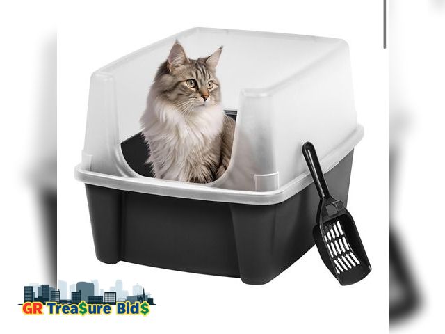 Lot 111-22307 - New IRIS USA Large Open Top Cat Litter Box with High Sides, Scatter Shield &amp; Scoop, Black - Easy...