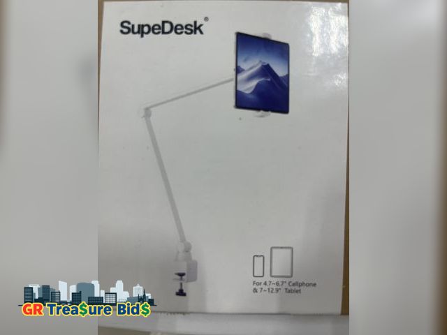 Lot 111-54332 - New SupeDesk Tablet Stand for Desk, 360° Adjustable Phone Stand with Long Arm, Clip On Phone Holder ...