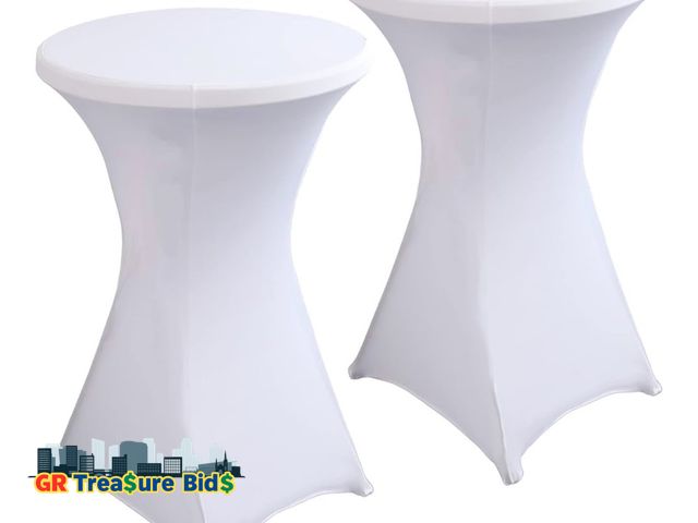 Lot 111-86228 - 2 Pack 32x43 Inch White Spandex Cocktail Table Covers, Fitted Round Cocktail Tablecloth, Stretch Hig...