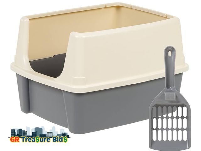 Lot 111-28044 - Large Cat Litter Box with High Sides, Open Top, Includes Scoop, 19 x 15 x 11.75 inches, Grey/Beige