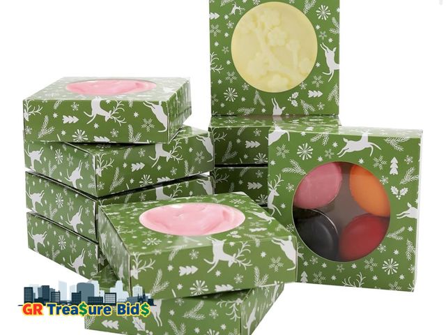 Lot 111-71054 - 60Pcs Christmas Cookie Boxes 4.3x4.3x1.2 Inch,Christmas Bakery Boxes Gift Wrapping Box with Round Cl...