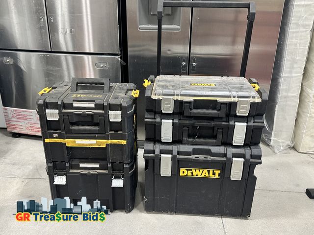 Lot 111-83036 - 5-Piece DeWalt ToughSystem/Modular Tool Box Stack with Extra Organizer some boxes have tools inside