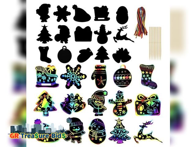 Lot 111-19873 - New Christmas Scratch Art Paper,60 Pcs Crafts Kits Magic Rainbow Scratch Cards for Xmas Tree Ornamen...