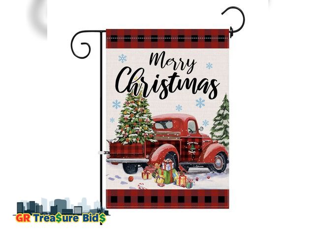 Lot 111-897063 - New Hexagram Christmas Flag 12 x 18 Double Sided, Merry Christmas Garden Flag Red Truck Buffalo Plai...