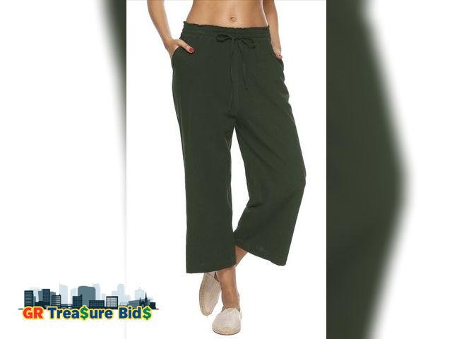 Lot 111-4065 - 1 New LNX Womens Linen Capri Pants Wide Leg High Waisted Drawstring Casual Cropped Pants with Pocket...