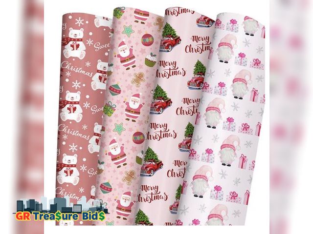 Lot 111-70653 - New SaringSwoon Pink Christmas Wrapping Paper for Boys Girls Kids - Xmas Gift Wrap With Santa, Gnome...
