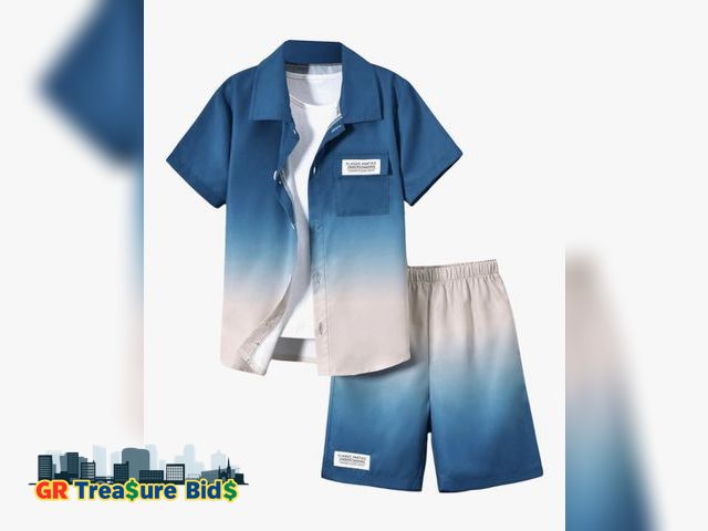 Lot 111-78652 - Size 8Y Verdusa Boy's 2 Piece Outfits Ombre Short Sleeve Button Up Shirts and Elastic Waist Shorts S...