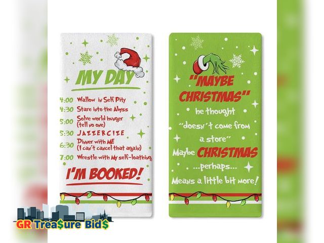 Lot 111-70363 - New Green Christmas Kitchen Dish Towels Set of 2, Funny Xmas My Day I'm Booked Hand Towel Drying Bak...