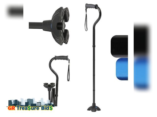 Lot 111-7627 - Medline Offset Folding Cane, 4-Point Base With Cushioned Gel Handle, Supports Up To 350 Lbs, Black U...