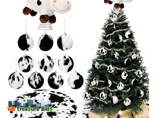 Lot 111-776627 - New Leitee 12 Pcs Cow Christmas Tree Decoration Set Xmas Western Cowhide Tree Topper Skirt Faux Fur ...