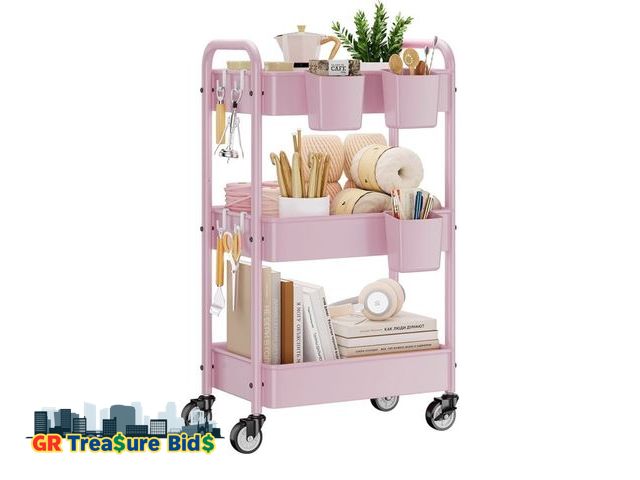 Lot 111-7262 - New YASONIC 3-Tier Metal Rolling Cart, Heavy Duty Utility Cart with Lockable Wheels, Hanging Cups, H...