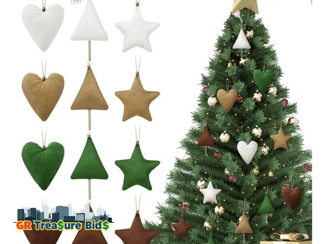 Lot 111-40210 - 24 Pcs Velvet Ornaments for Christmas Tree 3.94 Inch Christmas Tree Star Heart Ornaments Green Brown...