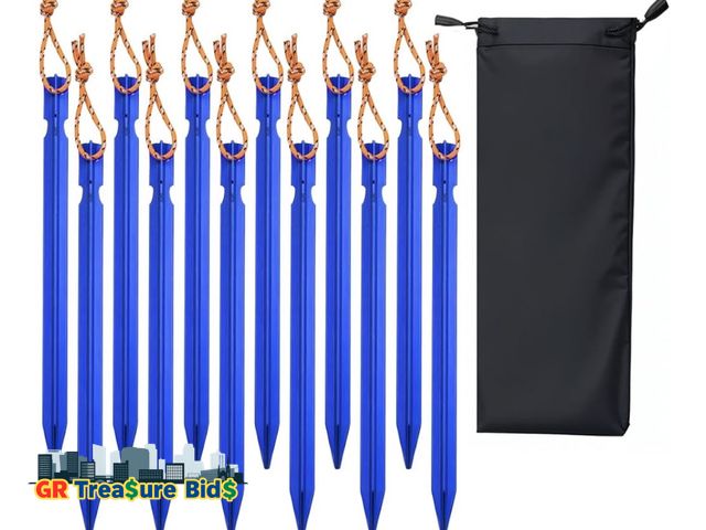 Lot 111-52095 - 12 Pack Tent Stakes, 7-inch Ultralight Aluminum Ground Pegs with Reflective Pull Ropes, Tri-Beam Sta...