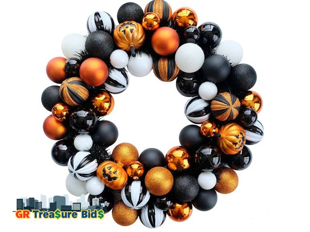 Lot 111-7446 - New Retail Price $67.18 // Bibelot Happy Halloween Wreath for Front Door, 18” Artificial Ball Wreath...