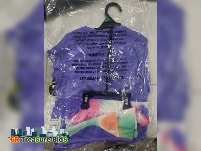 Lot 111-94751 - New ATHLETIC WORKS girls 5T shorts and t-shirt (purple/tie dye shorts).