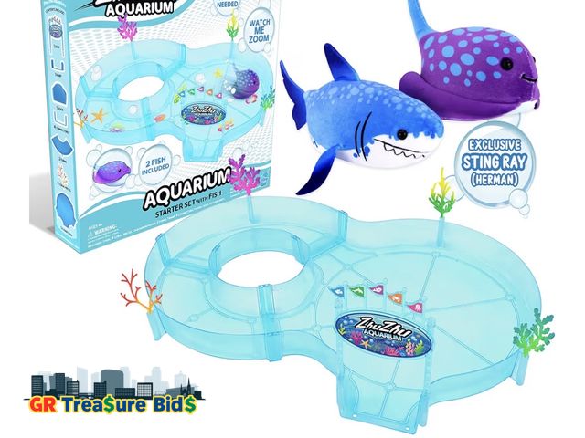 Lot 111-90752 - New ZhuZhu Aquarium Starter Set with 2 Motorized Fish (Sting Ray + Shark) 2-Pack Bundle