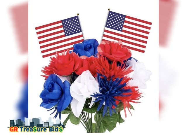 Lot 111-35387 - ZAUGONTW 12 Stems Patriotic Memorial Bouquet Artificial Blooming Chrysanthemum, Thank You Veterans R...