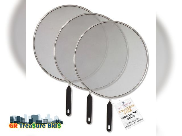 Lot 111-52539 - U.S. Kitchen Supply 3-Piece Stainless Steel Splatter Guard Set 13" Fine Mesh Cover, Grease &amp; Oil...