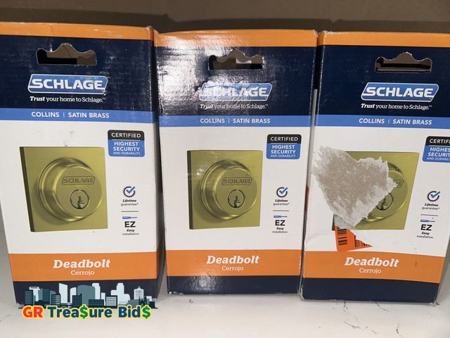 Lot 111-59600 - lot of (3) Single Cylinder Deadbolt
COLLINS TRIM | B60 COL 608

FINISH: SATIN BRASS