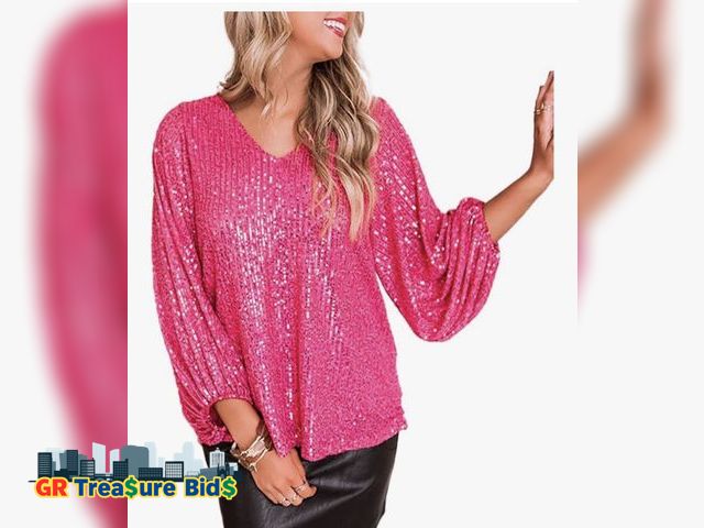 Lot 111-94528 - Size: 2x Women Sequin Top Sexy V Neck Balloon Long Sleeve Sequin Shirt Sparkly Glitter Party Tops Bl...