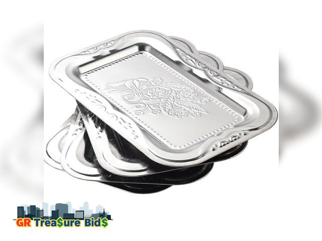 Lot 111-52372 - 4-Pack Silver Serving Trays Set - ZENOVLUX Lightweight Bow Floral Engraved Mirror Decorative Tray, 1...