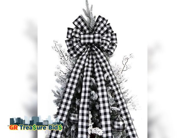 Lot 111-98706 - New Christmas Checked Tree Topper,48x13 Inches Large Toppers Bow,Black and White Plaid Buffalo Decor...