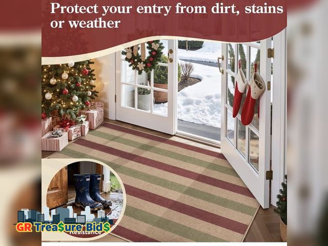 Lot 111-72662 - Outdoor Rug, 3x5 Christmas Decorations for Porch Entryway Front Door, Striped Plaid Decor Non Slip N...