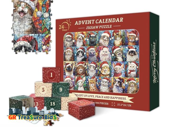 Lot 111-54912 - New PICKFORU Christmas Advent Calendar 2024 Puzzles for Adults 1000 Pieces, Cat Mosaic Stained Glass...