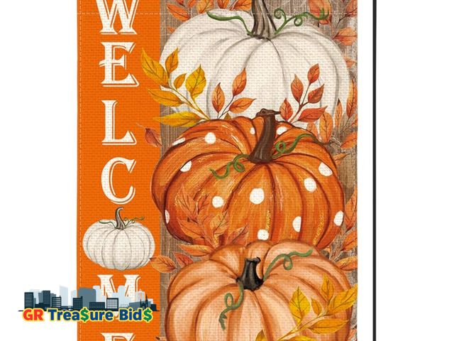 Lot 111-12263 - New AVOIN colorlife Fall House Flag 28x40 Inch Double Sided Outside, Autumn Welcome Stripes Orange P...