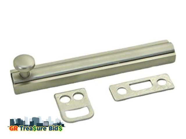 Lot 111-4562 - QCAA Solid Brass Surface Bolt 4", Satin Nickel, Made in Taiwan, 1 Pack