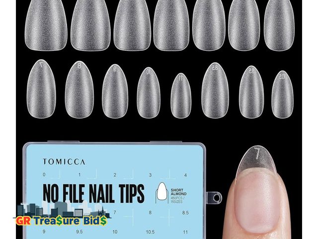 Lot 111-47094 - TOMICCA Short Almond Nail Tips - 504Pcs Acrylic Nail Tips Kit, 15 Sizes Pre Buffed Almond False Tips...