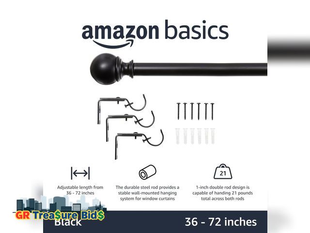 Lot 111-51929 - New Amazon Basics Adjustable Curtain Rod for Windows with Round Finials, 1-Inch Rod, 36" to 72", Bla...