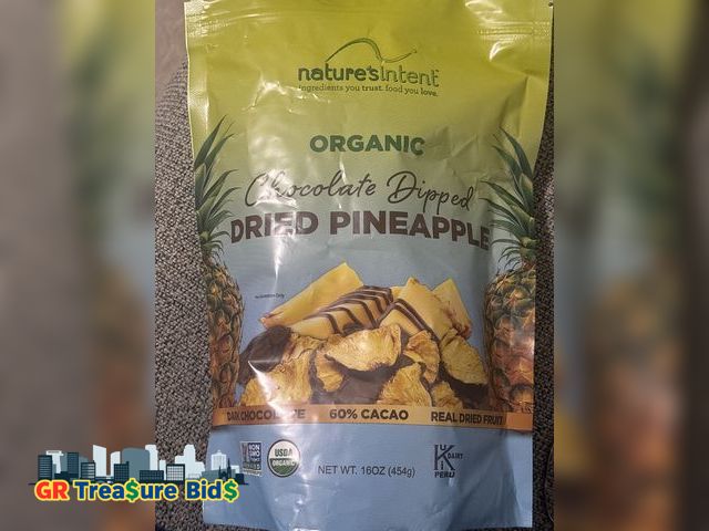 Lot 111-512324 - Nature’s intent , organic chocolate dipped dried pineapple, net wt. 16oz(454g). Dark chocolate, 60% ...