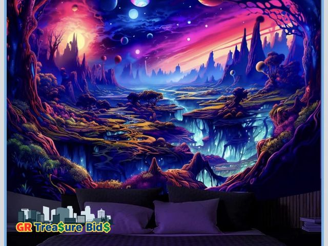 Lot 111-58656 - Simpkeely Fantasy Planet Tapestry, Blacklight Forest Natural Landscape Retro Aesthetic Wall Hanging,...