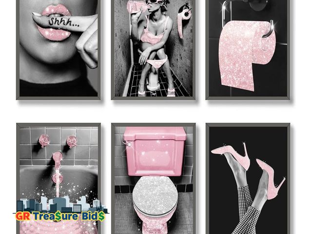 Lot 111-63063 - New Fashion Wall Art Set of 6 Pink Glam Glitter Tissue Canvas Posters - Modern Women Themed Bathroom...