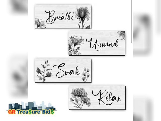 Lot 111-24814 - 4 Pieces Bathroom Wall Art Rustic Farmhouse Decor Sign Relax Soak Unwind Breathe Wood Hanging Sign f...