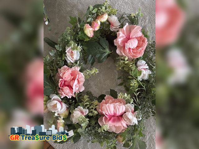 Lot 111-51355 - Artificial Peony Wreath Artificial Silk Flower Peony Wreath Peony Wreath Rose Floral Twig Wreath Fro...