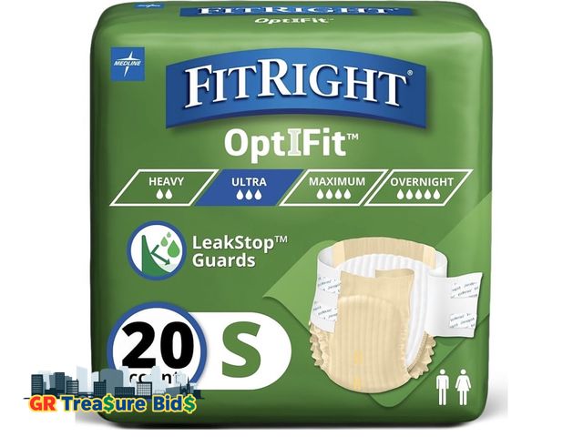 Lot 111-54160 - FitRight Ultra Adult Diapers, Disposable Incontinence Briefs with Tabs, Heavy Absorbency, Small, 20"...