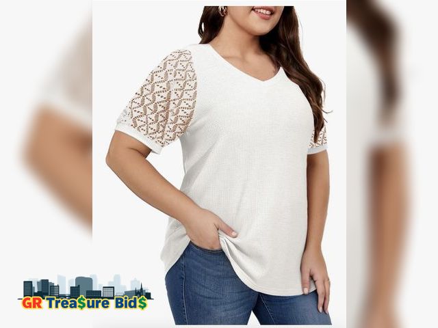 Lot 111-47913 - Plus Size Tops for Women, Waffle Knit Plus Size Summer Blouse, Lace Short Sleeve V Neck Tops, Women'...