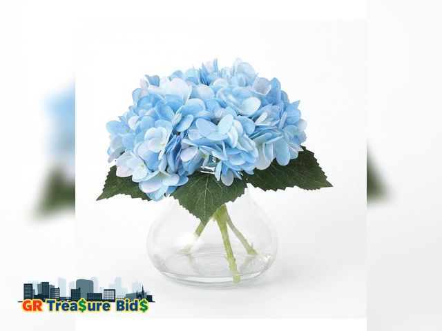 Lot 111-52452 - New Garvee Blue Faux Hydrangea Flowers with Glass Vase, Silk Artificial Flower Arrangement with Faux...