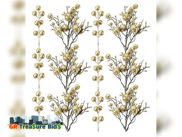 Lot 111-14914 - Chunyin Gold Glitter Picks for Christmas Tree, 30 Pieces Artificial Glitter Berries Stems Decoration...