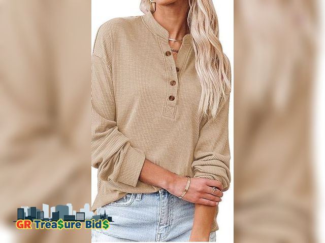 Lot 111-76546 - 1 New Women's Trendy Half Button Down Sweatshirts Lightweight V Neck Long Sleeve Pullover Tops Casua...