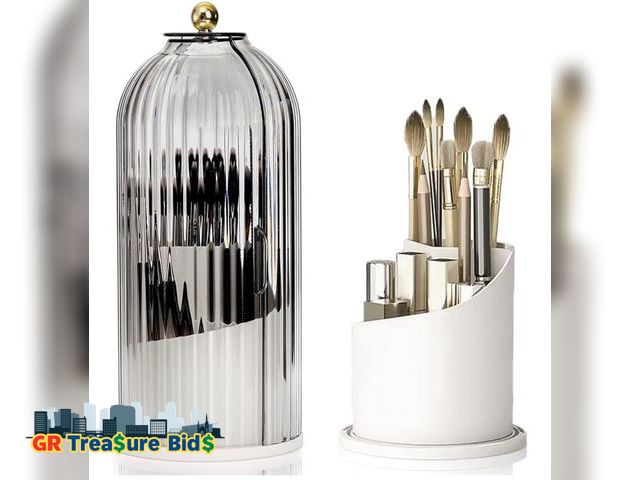 Lot 111-72295 - Makeup Brush Holder Organizer with Lids, 360°Rotating Clear Dustproof Make Up Brush Container Box, V...