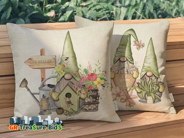 Lot 111-57821 - New Spring Fever Gardening Gnome Truck Decorative Throw Pillow Cover 20x20 Set of 4, Lily Flowers Be...