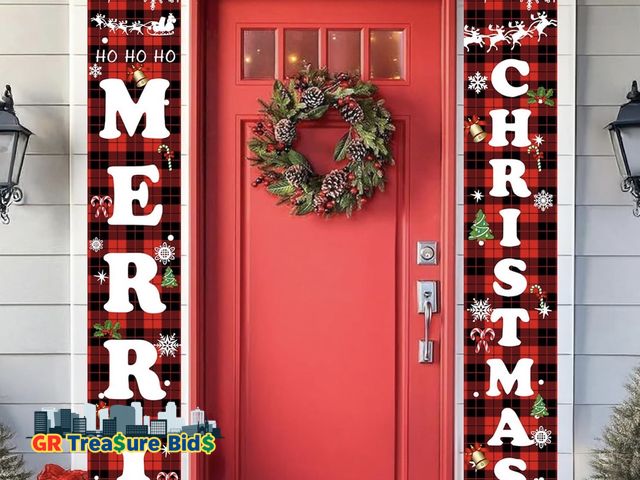 Lot 111-80635 - New Christmas Decorations Outdoor Yard Front Porch Sign Set, Red Black Buffalo Plaid Door Banner, Ha...