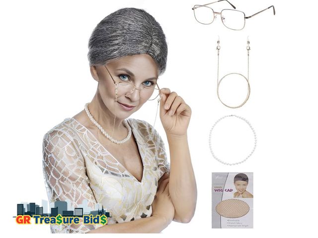 Lot 111-46460 - Old Lady Wig And Glasses Grey Wig Short Cosplay 100 Days Of School Costume