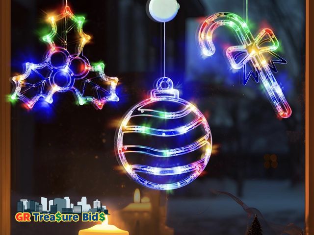 Lot 111-80877 - New LOLStar Christmas Window Lights, 3 Pack Multicolor Christmas Ball, Holly Berry, Candy Cane LED w...